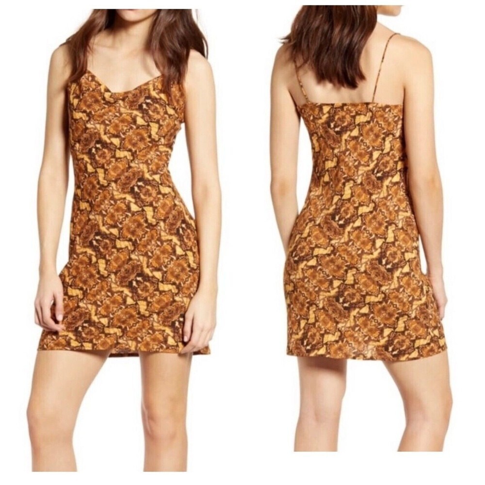 Revolve J.O.A Python Print Cowl Neck Mini Dress brown spaghetti strap medium​​​​